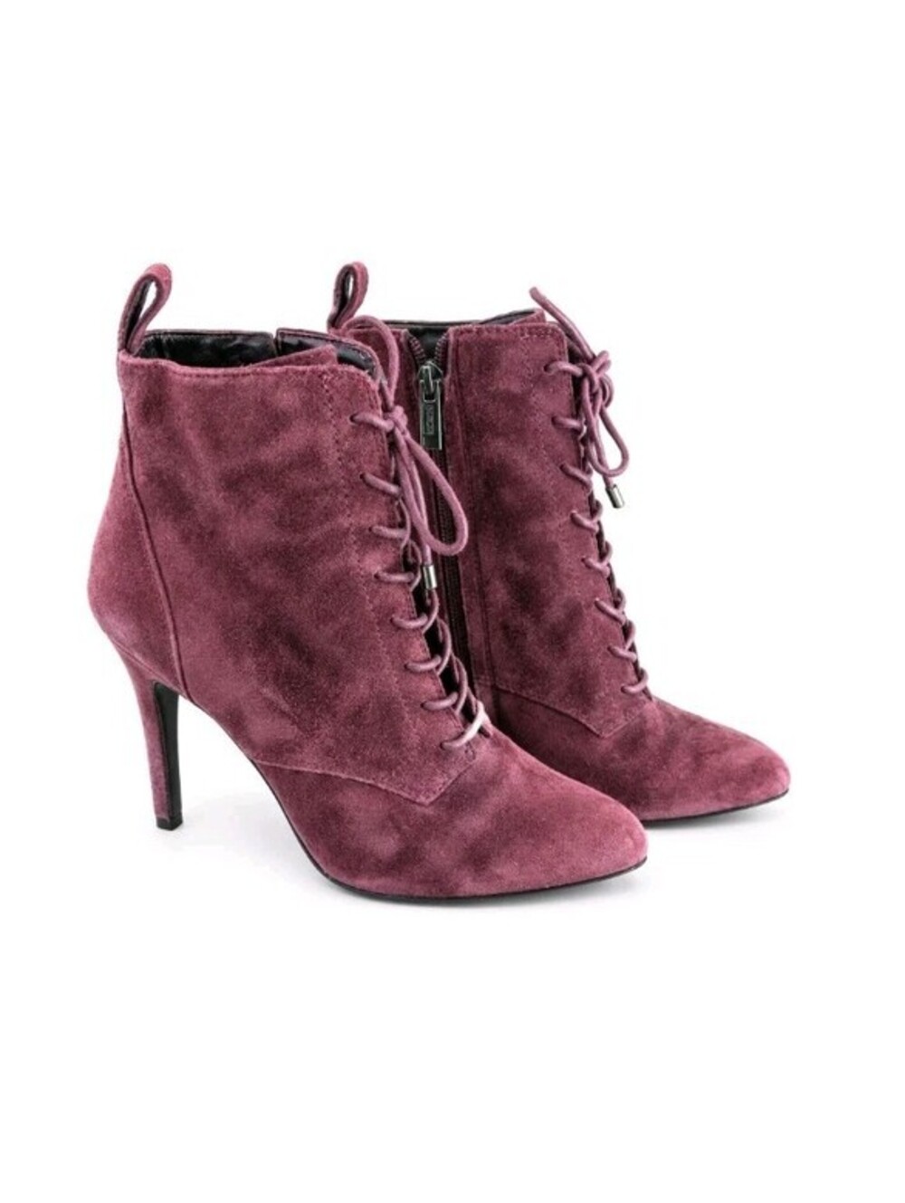 BCBGeneration Burgundy Suede Lace-Up Ankle Booties Heels 7.5 Pointed Toe Zip